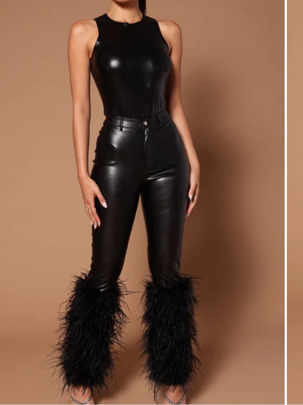NWOT Black Faux Leather Wide-Leg Pants with Feather Trim